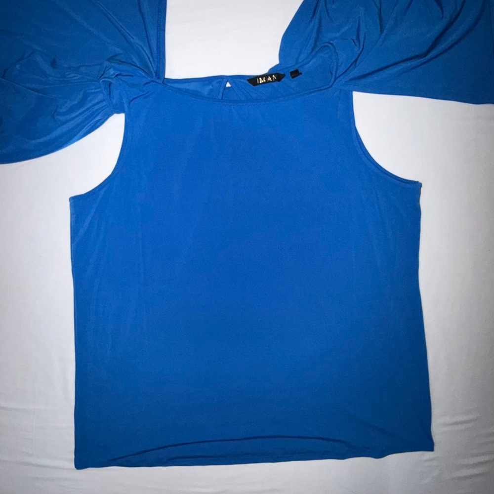 IMAN Global Chic Royal Blue Cape Sleeve Flutter Top Keyhole L Workwear NWOT - Picture 8 of 10